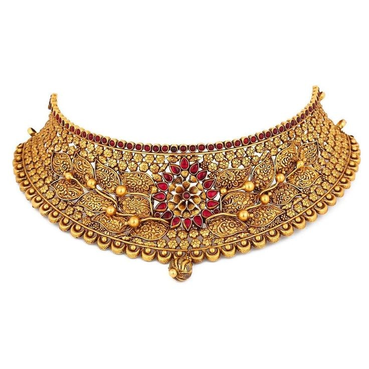 Antique gold choker necklace with ruby kundan work and floral motifs